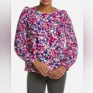 Nanette Lepore Pink Blue Floral Ruffle-Trim Blouse